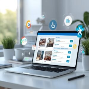 A modern digital marketing workspace with a laptop showing website images and alt text fields being optimized