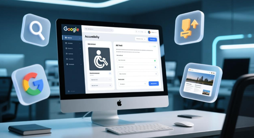 A modern digital marketing workspace with a computer screen showing an SEO dashboard