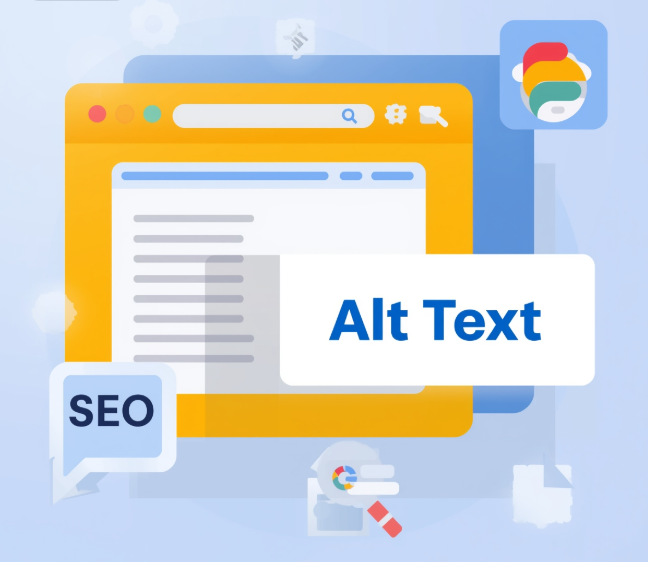 A visually appealing digital marketing screen showing a website image with an “alt text” box