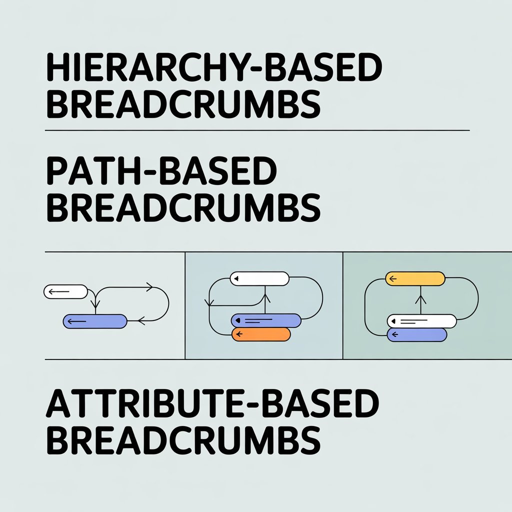 Infographic showing three breadcrumb types: Hierarchy-Based Breadcrumbs, Path-Based Breadcrumbs, and Attribute-Based Breadcrumbs